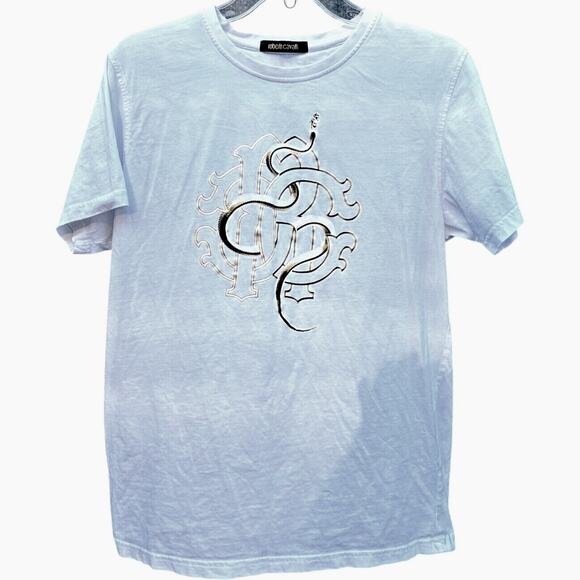 Roberto Cavalli T Shirt Mens Large White Monogram Snake Casual Comfort Retro - Picture 1 of 9